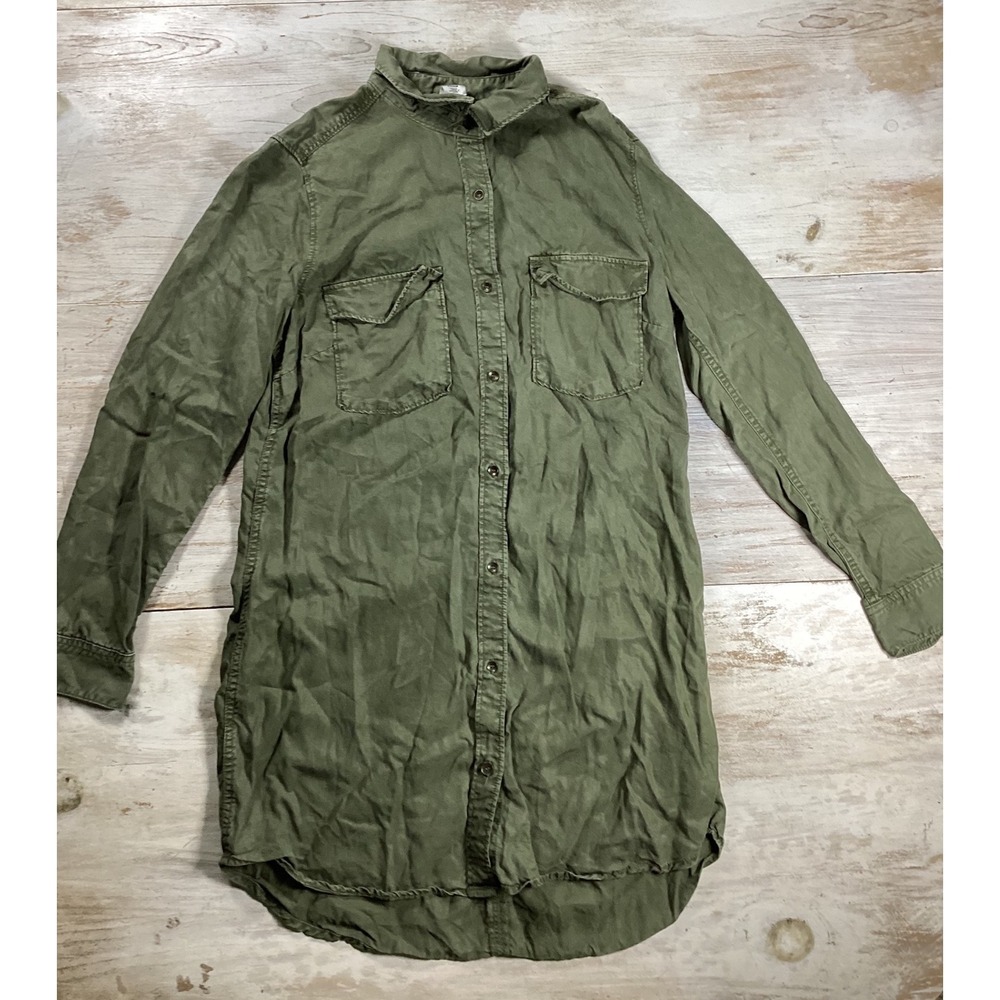 HM &Denim Olive Green Lyocell Utility Shirt Dress Womens Size 10 0301656 7